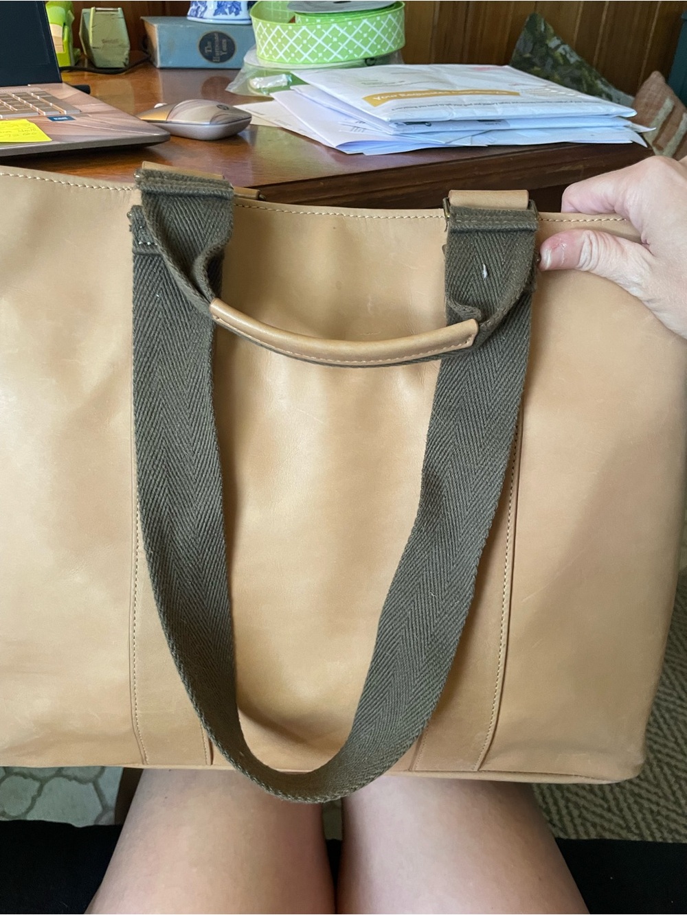 Minimalist Tan Leather Tote with Olive Webbed Straps